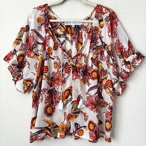 Madewell x Banjanan XL Ruffle-Sleeve Ruched Top in Bird Print